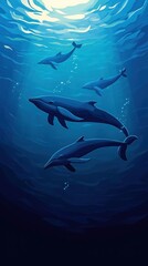 Fototapeta premium A pod of dolphins swims through a beam of sunlight in the deep blue ocean.