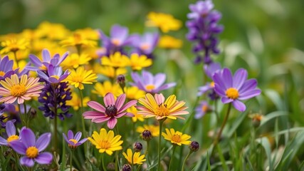 Fototapeta premium spring meadow with vibrant purple and yellow flowers, floral, blossoming flowers, blooming flowers