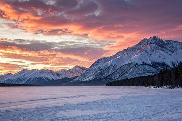 Winter sunset over a frozen mountain range, snowy forests, serene landscape, winter wonderland, peaceful atmosphere