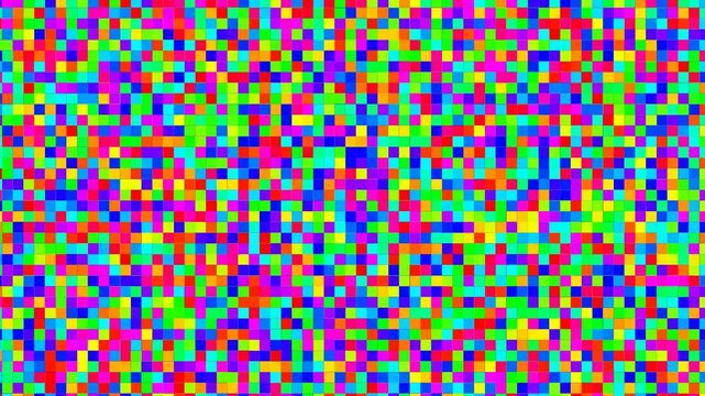 Random pixelated squares background, dynamic seamless chaotic fast motion of multicolor tile