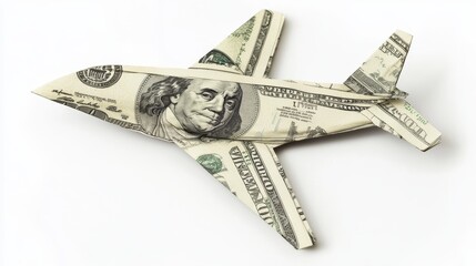 Creative Concept of an Airplane Made from One Hundred Dollar Bills Illustrating Travel, Wealth, and Financial Success on a Clean Background