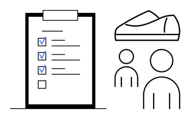 Checklist with marked items, two outline figures, and a pair of shoes. Ideal for project planning, teamwork, task management, product development, design brainstorming, teamwork coordination
