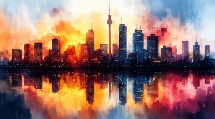 Fototapeta premium Watercolor cityscape with sunrise reflection on water.