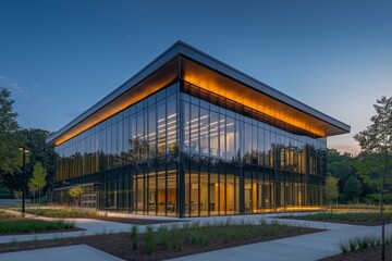 A modern data center office building with glass facade