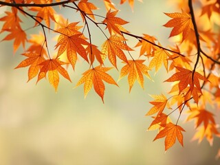 Delicate maple leaves dance in the autumn breeze, outdoor photography, earthy colors, serene atmosphere