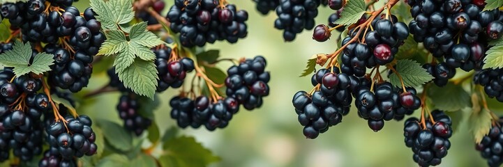 Dark purple fruit clusters on bushy blackcurrant branches, foliage, botanical, berries