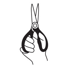 hand holding scissors, four fingers entering the hole, black and white art, line thickness can be changed
