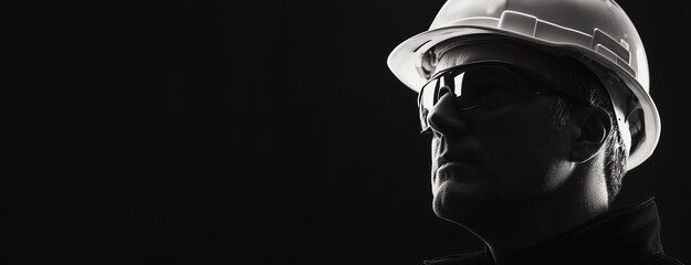 Black and White Portrait of a Construction Worker with Hard Hat Banner with Copy Space