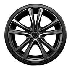 Obraz premium A sleek black alloy wheel with a distinctive design is displayed prominently, highlighting its shiny finish and geometric patterns suitable for contemporary cars