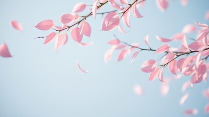 Obraz premium Pastel pink and blue leaves dance in the breeze as they drift lazily through the air, serene landscape, blue hues, soft focus