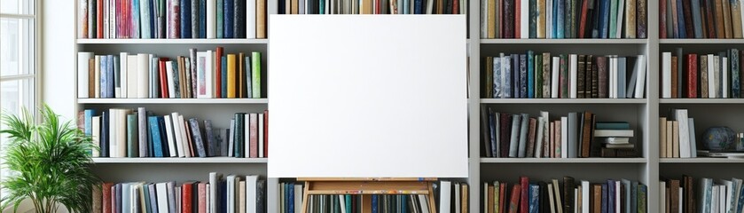 A blank canvas on an easel in front of a bookshelf, suggesting a creative space.