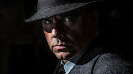 Mysterious Man in Vintage Attire Wearing Fedora Hat and Suit, Capturing a Dramatic Expression with Strong Light and Shadow Effects in Dark Surroundings