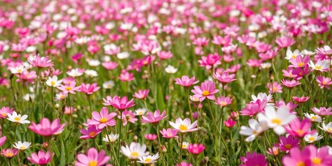 Naklejka premium springtime field with vibrant pink and white blooms, springfield, botanical art, colorful blooms