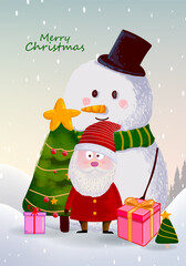 Merry Christmas and happy new year greeting card with sowman cute cartoon character for holiday vector illustration background. Design for cards, poster, cover and decoration.