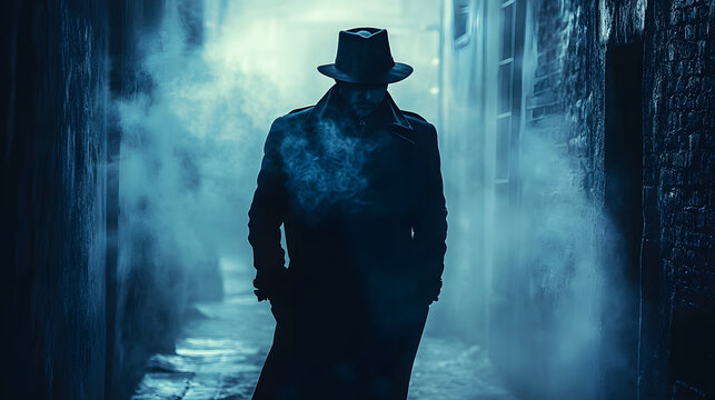 Mysterious Silhouette of a Detective in a Foggy Alleyway at Night, Exuding an Air of Intrigue and Suspense, Capturing the Essence of Film Noir Aesthetics
