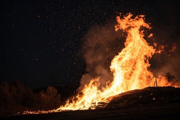 A fiery inferno erupts in a dark expanse, with flames dancing across the black background, casting a warm glow on surrounding objects, blaze, flames, inferno, warmth