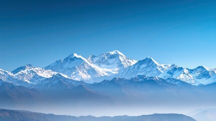 Snow-Covered Himalayas Under Clear Blue Sky With Clouds at Dawn Capturing Majestic Winter Scenery and Rugged Mountain Peaks, Ideal for Nature, Travel, and Adventure Themes