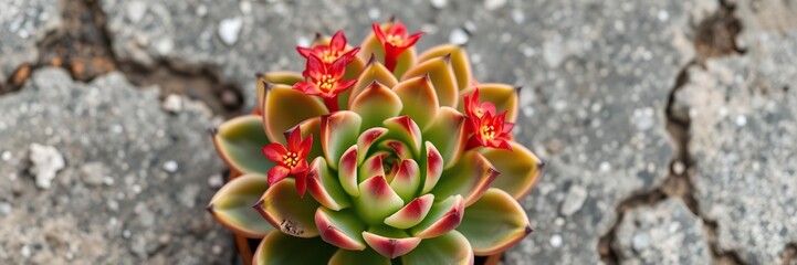 Fototapeta premium Close-up of graptopetalum bellum succulent with vibrant red flowers on a gray stone background, botanical illustration, succulent plant, graptopetalum bellum