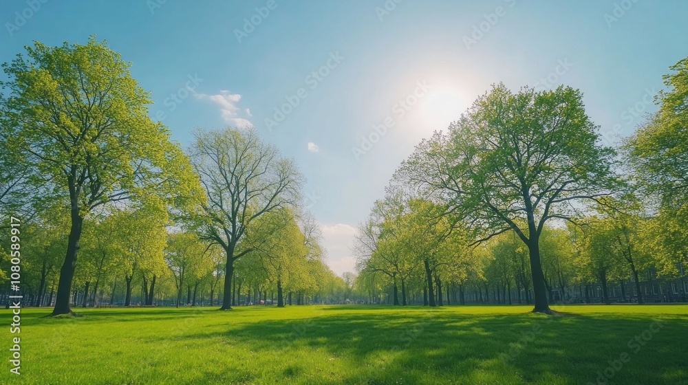 Poster a large field of trees with a bright blue sky above