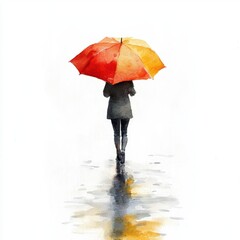 Woman Holding an Umbrella on a Rainy Day: Isolated Figure Strolling Through a Puddle with a Pop of Color Against a Gloomy Sky