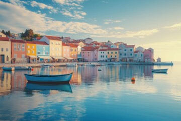Obraz premium Serene Coastal Town with Colorful Buildings and Boats