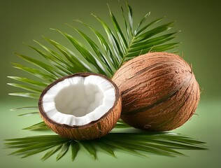 A coconut with a palm leaf on a pastel background, a cut coconut and a whole one in the front view,...