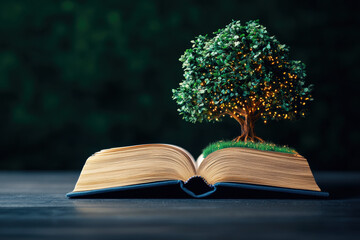 A whimsical scene of an open book with a tree growing from its pages, symbolizing knowledge and nature's beauty in a creative and enchanting way.