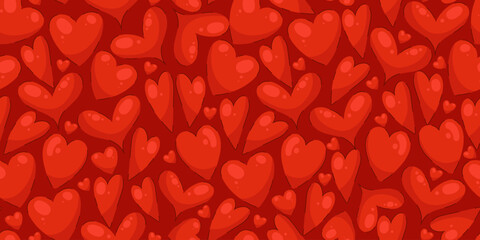 Heart Seamless Pattern in Hand drawn Flat Style. Lovely background with red hearts. Romantic monochrome chaotic design with simple love icons. 
