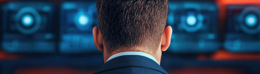 Fototapeta premium A professional man in a suit, viewed from behind, focused on multiple digital screens displaying data and charts, representing analysis and strategy.