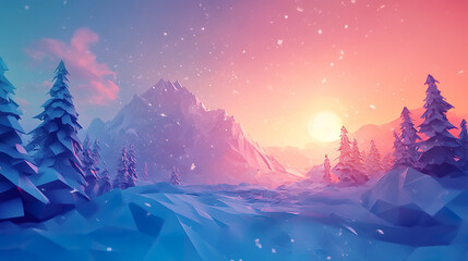 serene winter landscape with low poly mountains and snow covered trees under vibrant sunset sky