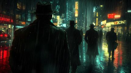 Obraz premium Mysterious Figures in Rainy Night Cityscape with Neon Lights, Capturing the Essence of Noir Atmosphere and Intrigue in Urban Environment