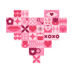 Valentine's day greeting card with pink elements and geometric shapes. Template for Valentine holiday design