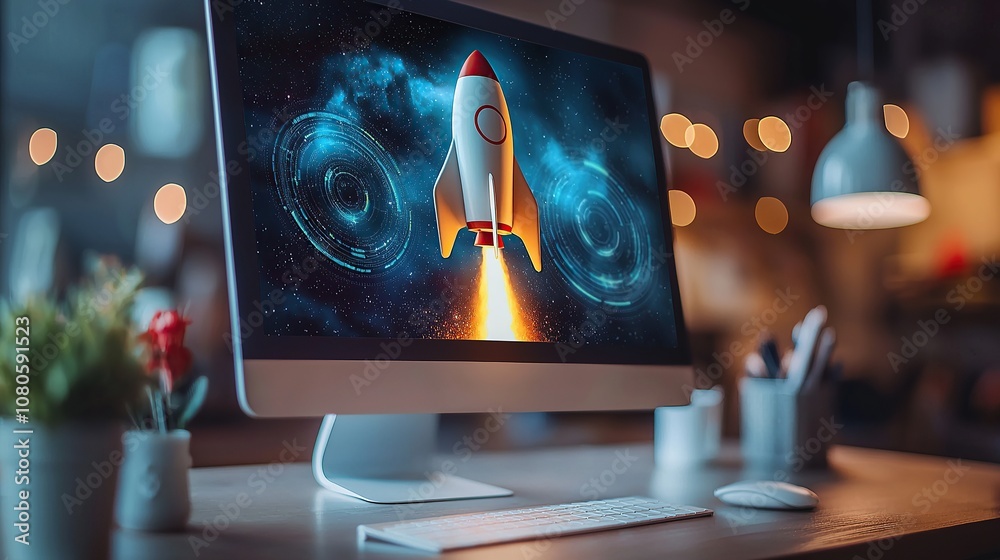 Aufkleber A desktop computer displays a rocket launching in a cosmic background.