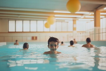 Swimming instructor teaching children essential swimming skills in a pool environment.