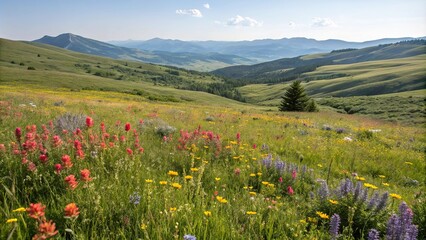 Fototapeta premium Mountain meadow in full bloom with vibrant wildflowers, flowers, wildflower, serene, landscape, green