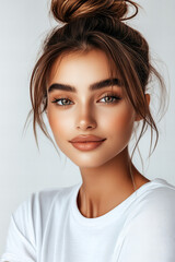 Naklejka premium Timeless Portrait of a Young Woman with Natural Beauty, Messy Bun Hairstyle, and Casual White T-Shirt Against a Soft, Neutral Background