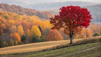 Richly colored autumn landscape with a red tree standing alone against a gradient of oranges and yellows, landscape photography, natural elements