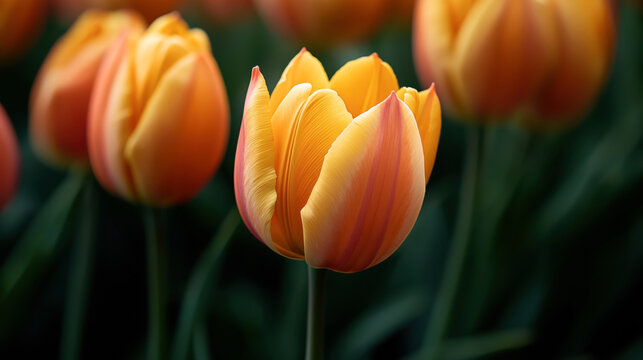 Close-up view of vibrant orange and yellow tulip flowers with delicate petals in a garden setting