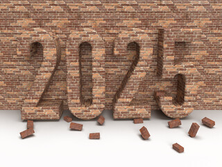 Brick inscription 2025 on stone wall. Christmas post idea for construction company. 3d rendering