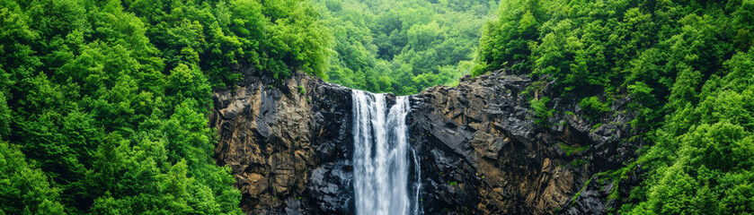 Fototapeta premium A stunning waterfall cascades down rocky cliffs, surrounded by lush green trees, creating a serene and picturesque natural landscape.