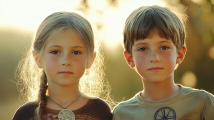 European boy and girl looking pensives and serious