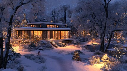 Obraz premium A snowy path lined with warm, glowing lights leading towards cozy wooden cabins, evoking a serene and festive winter atmosphere in a natural setting.