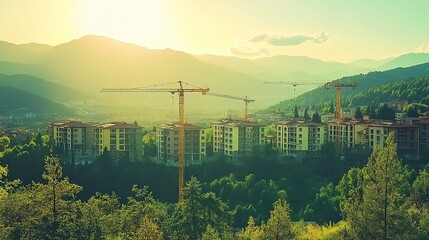 Obraz premium Scenic View of Construction Cranes Overlooking Urban Development in Mountainous Landscape During Sunrise with Golden Light