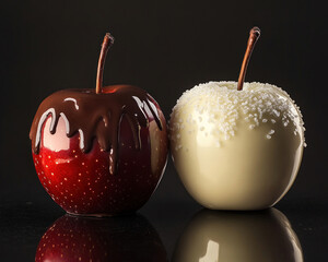 two apples chocolate on a black
