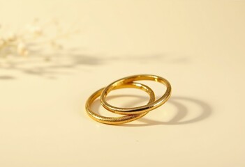 Two Intertwined Gold Rings Casting Shadows On Cream Background With Dried Floral Elements