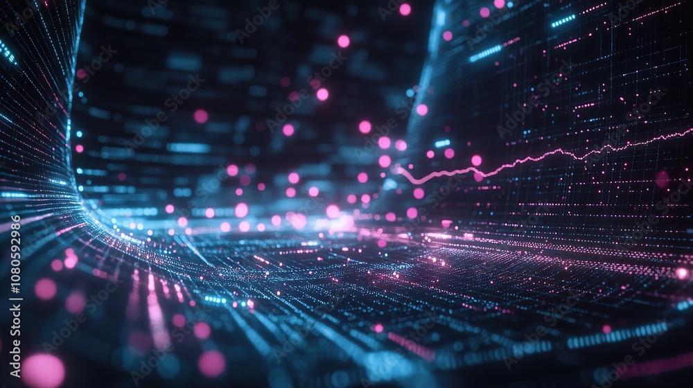 Poster abstract digital landscape with glowing lines and particles, representing data flow.
