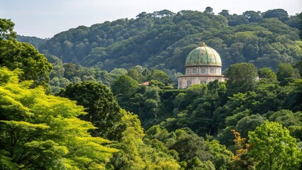 Vibrant greenery surrounds a stunning domed structure in a tranquil natural setting, peaceful ambiance, tree canopies, green hills, vibrant vegetation