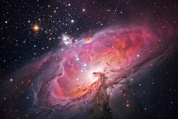 Fototapeta premium A majestic nebula takes center stage against a backdrop of stars and galaxies in shades of pink and orange, celestial explosion, stardust