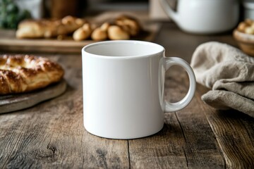 Fototapeta premium Blank Mug on Rustic Table with Pastries