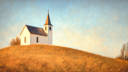 Fototapeta premium A small white church on a hilltop basking in the warm glow of an autumn sunset against a light blue sky